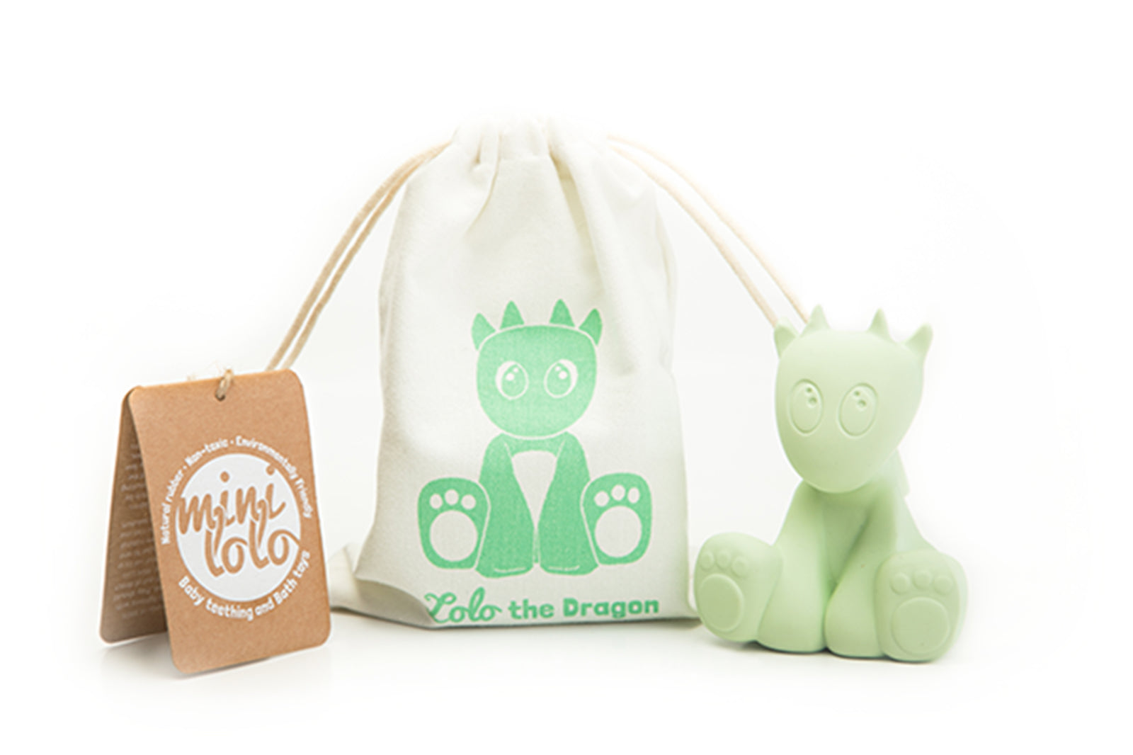 Mint Green Lolo the Dragon Teething and Bath Toy with Pouch
